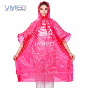 Pinky Red PE Rain Poncho with Attached Hood